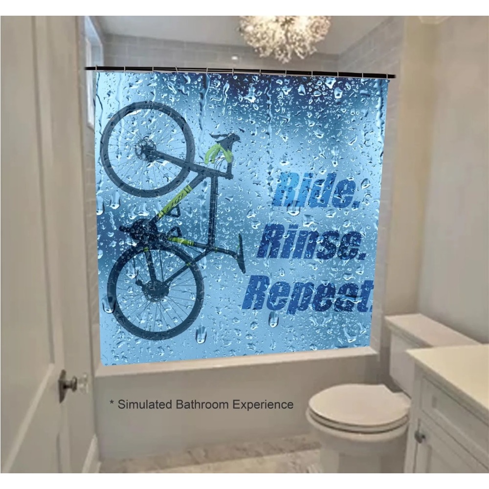 Cyclo X Bike shower curtain 70X70 "Ride, Rinse, Repeat!" Polyester w/rings